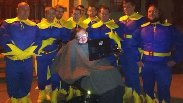 2.) Stephen Hawking poses with a bunch of Bananamen (who were out celebrating a bachelor party).