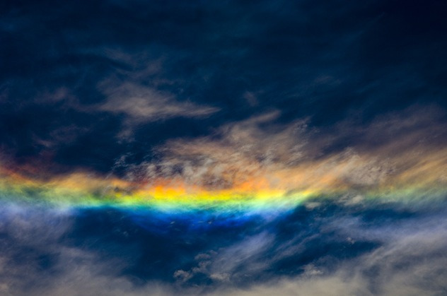 5. Fire rainbows: These colorful clouds can usually be seen in the summers of middle-latitude areas, such as most of the United States. They are a large halo of refracted light that occur when the sun is at least 58 degrees above the horizon and when there are cirrus clouds in the sky that are filled with plate-shaped ice crystals. The halos tend to be so large that only small parts of them are seen by the naked eye (thus they look like tongues of fire). The proper name for a fire rainbow is a “circumhorizontal arc.”