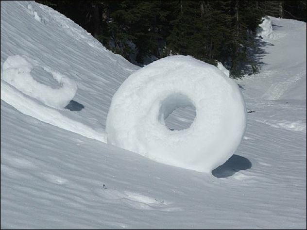 8. Snow donuts: A snow donuts occurs when nature decides to roll up its own type of snow balls (litrally). These rare shapes are formed when a mass of snow either falls or is blown by the wind. If it manages to catch on to some other snow, the gravity/wind will roll it up into a snow donut. These only happen under rare weather conditions, so the chance of finding them in your back yard are slim.